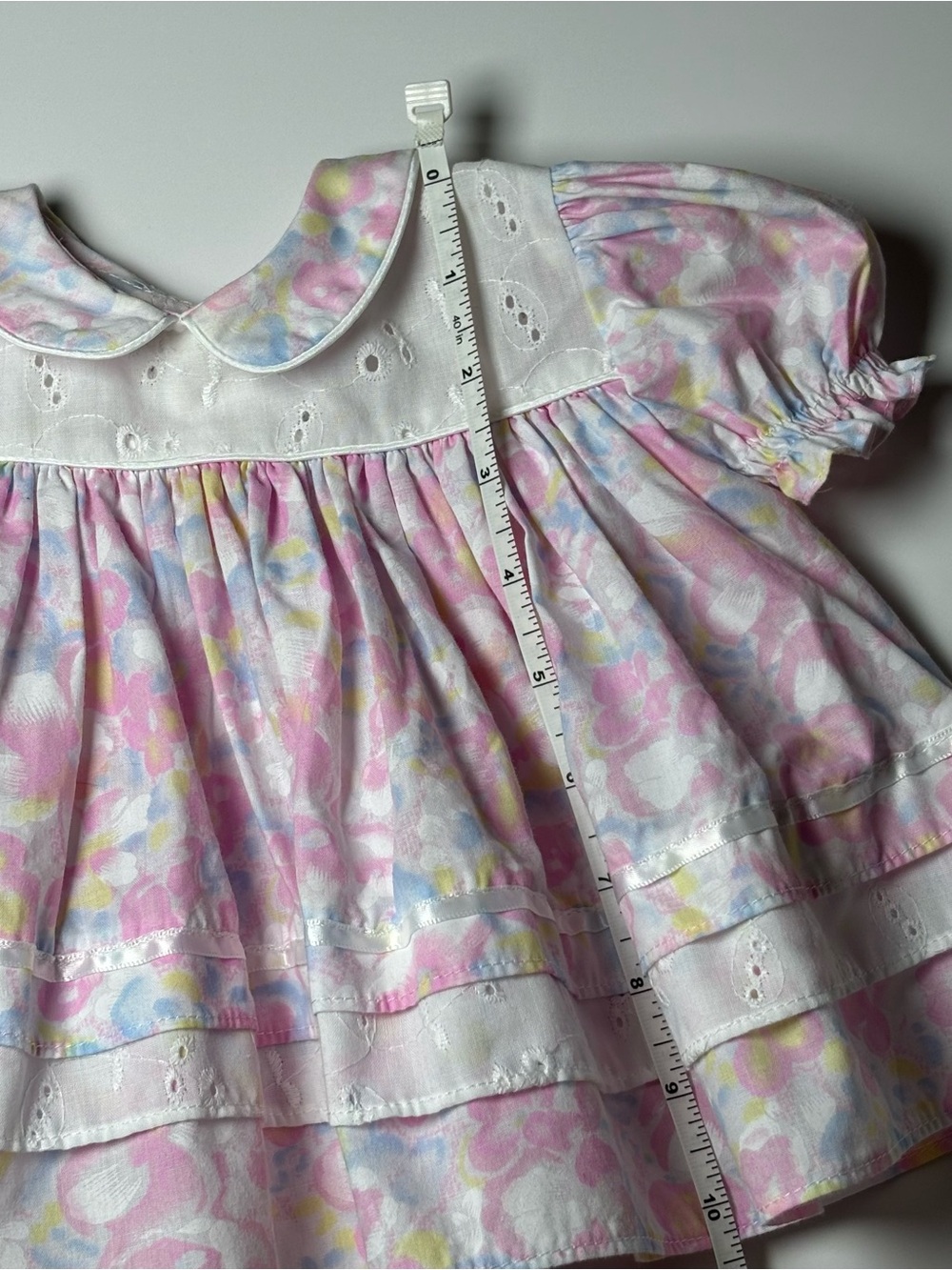 Vintage 80s 90s Pastel Floral Watercolor Eyelet Lace Pinafore Dress 0-3M - Picture 8 of 8